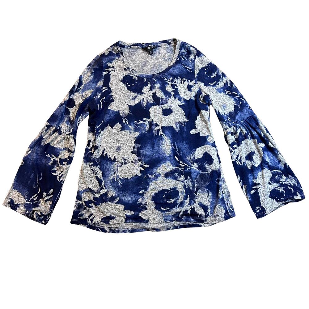 Simply Vera Vera Wang Blue & Gray Floral Bell Sleeve Shirt - Size Medium